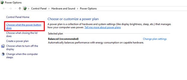 Power button in Windows 10