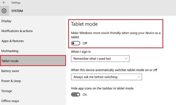 Tablet mode in Windows 10